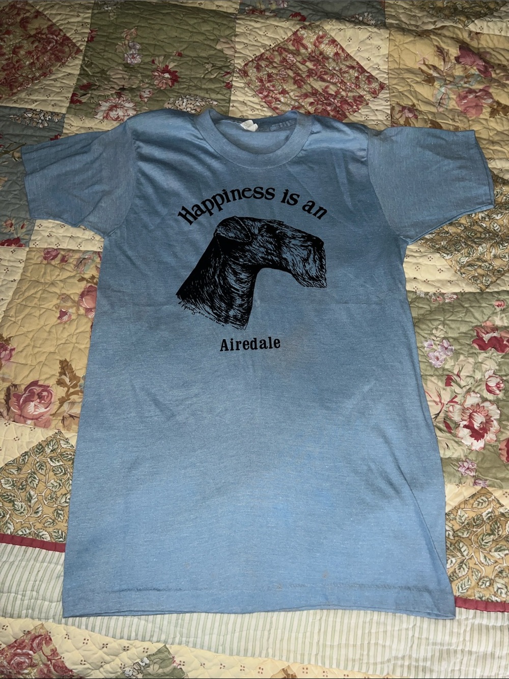 Vintage Happiness Is An Airedale Blue Graphic T-Shirt - Pets size extra small